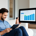 A person in comfortable, modest clothing, seated in a modern living room illuminated by soft, adaptive smart lighting. They are holding a tablet or smartphone, which displays an intuitive smart home interface showing real-time energy usage and options for climate control. Subtle, integrated smart devices are visible in the background, conveying a sense of seamless technological convenience. The scene is bright and inviting, captured with professional photography. fully clothed, appropriate attire, safe for work, perfect anatomy, correct proportions, natural pose, well-formed hands, proper finger count, natural body proportions, modest, family-friendly, high quality.