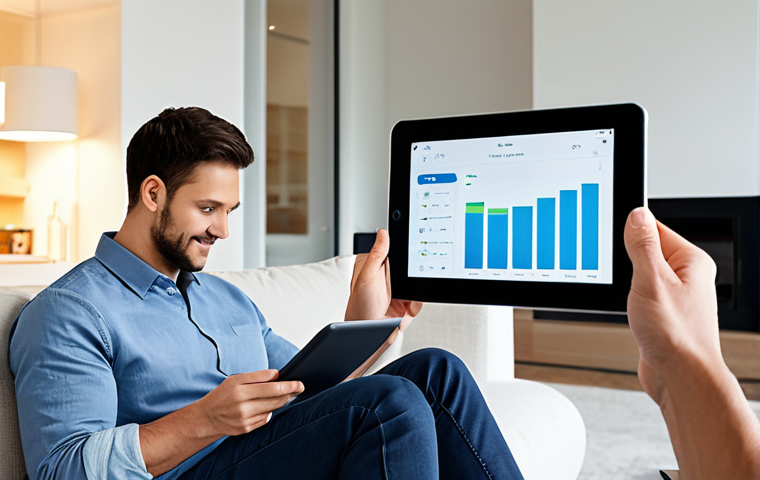 A person in comfortable, modest clothing, seated in a modern living room illuminated by soft, adaptive smart lighting. They are holding a tablet or smartphone, which displays an intuitive smart home interface showing real-time energy usage and options for climate control. Subtle, integrated smart devices are visible in the background, conveying a sense of seamless technological convenience. The scene is bright and inviting, captured with professional photography. fully clothed, appropriate attire, safe for work, perfect anatomy, correct proportions, natural pose, well-formed hands, proper finger count, natural body proportions, modest, family-friendly, high quality.