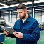 A professional industrial engineer, fully clothed in a modest work jacket and appropriate attire, stands in a modern, well-lit factory environment. The engineer, with perfect anatomy and correct proportions, holds a tablet displaying production data, observing an advanced piece of machinery with a thoughtful, focused expression. The background features complex, clean industrial equipment and subtle digital readouts, conveying a sense of dynamic technological change. Natural pose, well-formed hands, proper finger count, natural body proportions, professional photography, high quality, high detail, sharp focus, appropriate content, safe for work, professional dress, family-friendly.