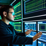 A professional electrical engineer, fully clothed in a modest, dark professional jacket and safety glasses, intently focused on large holographic displays in a futuristic smart grid control room. The screens showcase complex real-time data of renewable energy flow, smart city power distribution, and dynamic energy efficiency metrics, depicted with clean lines and vibrant blue and green light. The engineer's well-formed hands are actively interacting with the virtual interface. The environment is impeccably clean, high-tech, and futuristic. This is a professional image, safe for work, appropriate content, with perfect anatomy, correct proportions, and natural pose, ensuring proper finger count and natural body proportions.