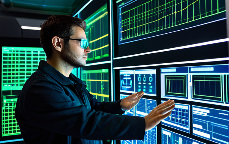 A professional electrical engineer, fully clothed in a modest, dark professional jacket and safety glasses, intently focused on large holographic displays in a futuristic smart grid control room. The screens showcase complex real-time data of renewable energy flow, smart city power distribution, and dynamic energy efficiency metrics, depicted with clean lines and vibrant blue and green light. The engineer's well-formed hands are actively interacting with the virtual interface. The environment is impeccably clean, high-tech, and futuristic. This is a professional image, safe for work, appropriate content, with perfect anatomy, correct proportions, and natural pose, ensuring proper finger count and natural body proportions.