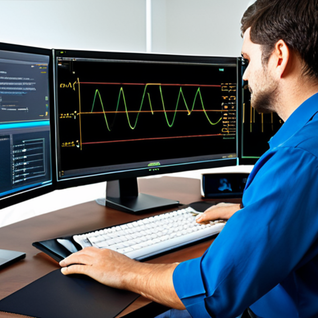 Circuit Simulation**

A professional engineer, fully clothed in appropriate attire, working on a computer displaying a circuit simulation. Modern office environment. Focus on the screen displaying SPICE or logic simulation waveforms. Perfect anatomy, correct proportions, natural pose. Safe for work, appropriate content, professional.

**