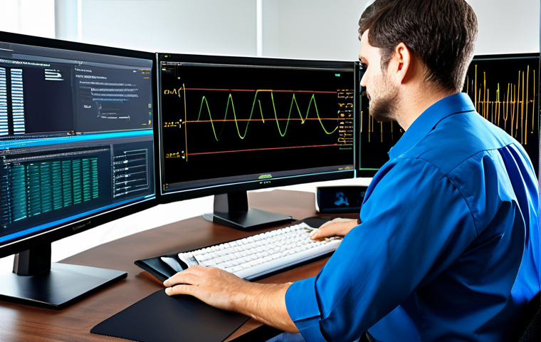 Circuit Simulation**

A professional engineer, fully clothed in appropriate attire, working on a computer displaying a circuit simulation. Modern office environment. Focus on the screen displaying SPICE or logic simulation waveforms. Perfect anatomy, correct proportions, natural pose. Safe for work, appropriate content, professional.

**