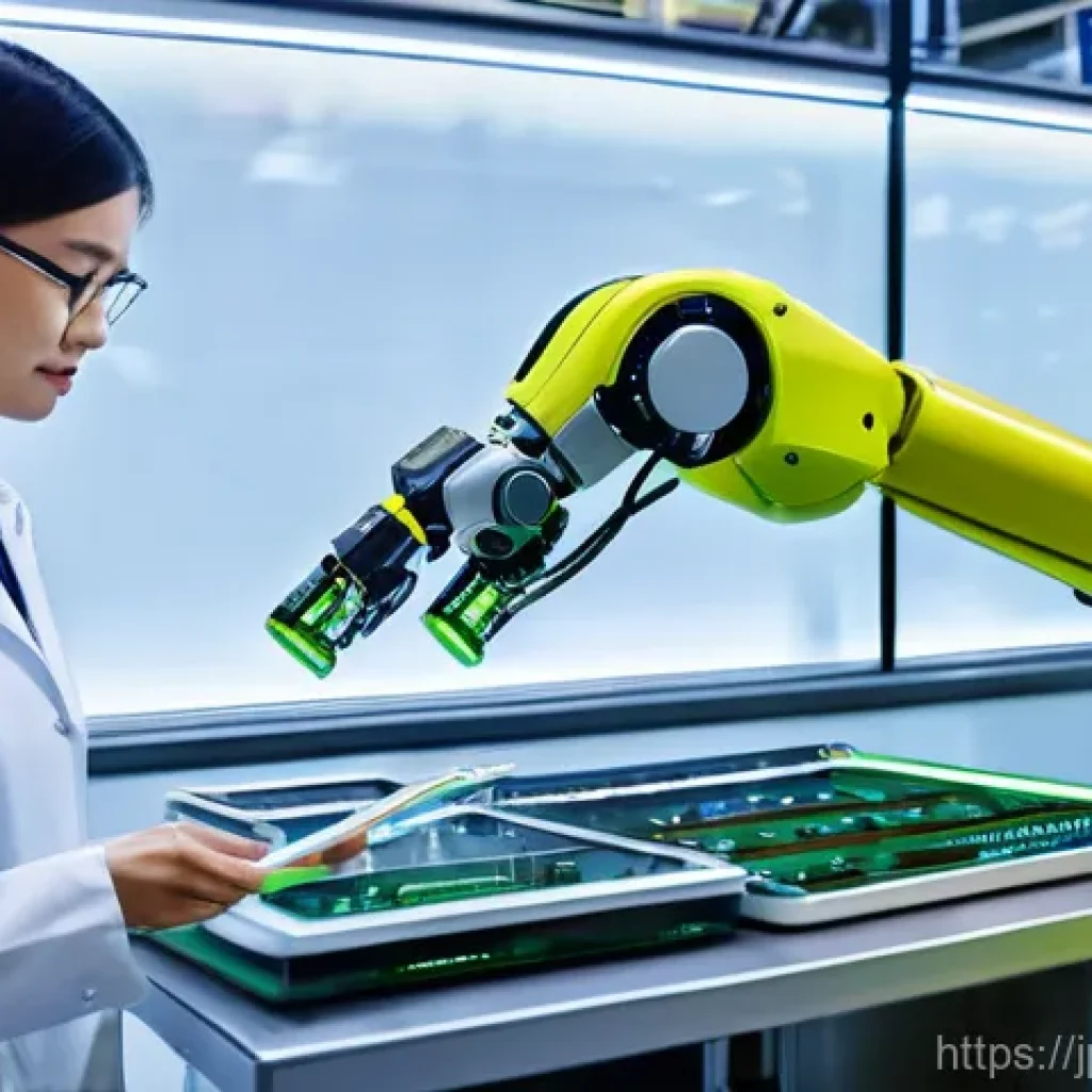 전자기술사와 로봇 공학의 융합 - **Smart Factory: Harmonious Human-Robot Collaboration**
    A brightly lit, clean, and futuristic sm...