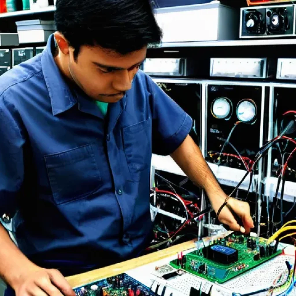 전자기술사 이론과 실제의 차이점 - **Prompt:** A focused electrical engineer (male, 30s-40s, wearing a neatly pressed short-sleeved wor...