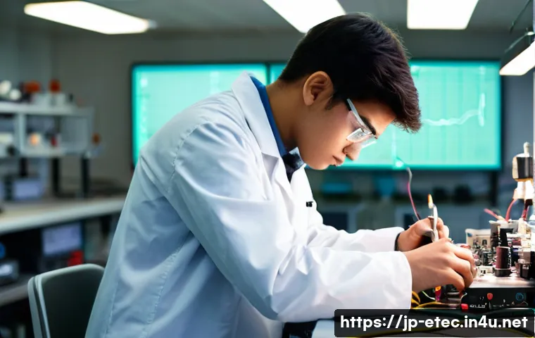 전자기술사 실기시험 장비 설치 및 조작 - **Prompt:** A young, focused electrical engineering student in a well-lit, clean electronics laborat...