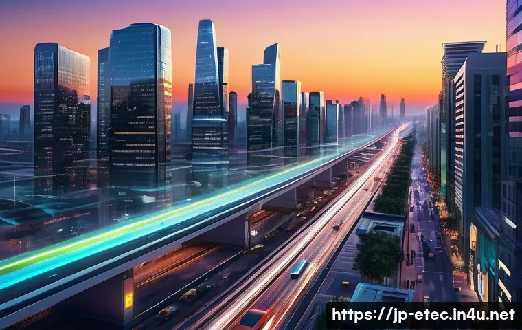 전자기술사와 데이터 수집 및 처리 기술 - **Prompt:** A futuristic, bustling smart city at dusk. The cityscape is illuminated by energy-effici...