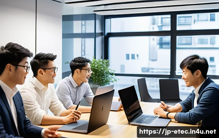 전자기술사 스터디 모임 지역별 찾기 - A lively study group scene in a modern Tokyo coworking space, featuring diverse active engineers in ...