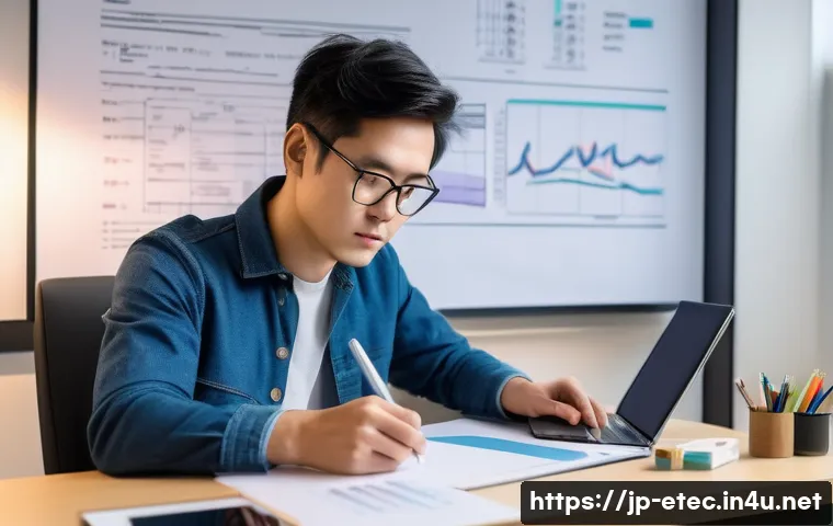 전자기술사와 관련된 학회 논문 작성법 - A modern Japanese researcher in a clean, well-lit office, writing a technical paper on electronic en...