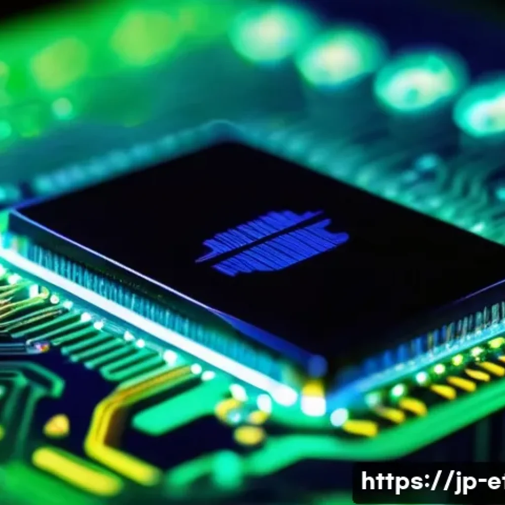 전자기술사와 전자재료 공학 접목 사례 - A highly detailed close-up of a gallium nitride (GaN) power device chip on a circuit board, showcasi...