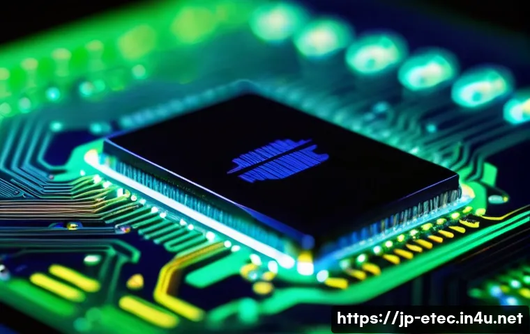 전자기술사와 전자재료 공학 접목 사례 - A highly detailed close-up of a gallium nitride (GaN) power device chip on a circuit board, showcasi...