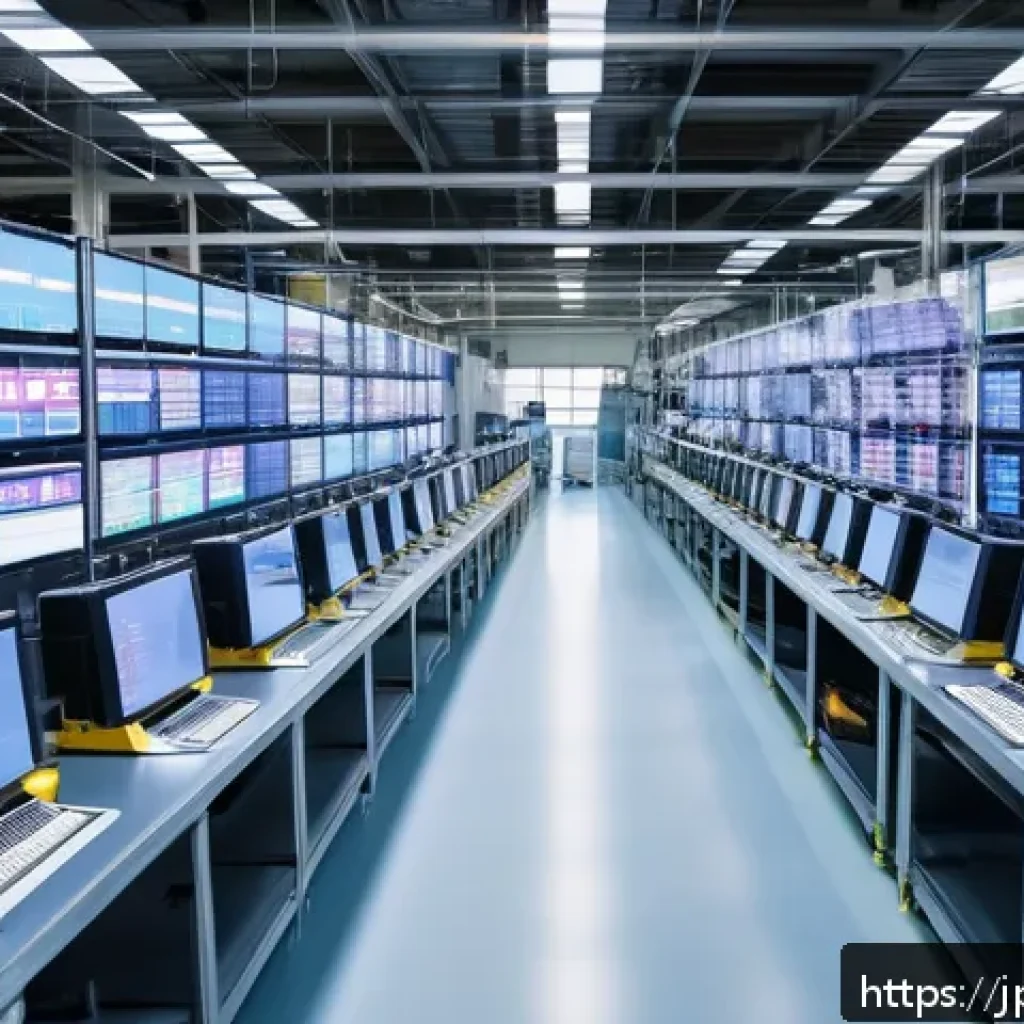 전자기술사와 산업별 기술 활용 경험 - A modern smart factory interior with advanced IoT sensors installed on various industrial machines, ...