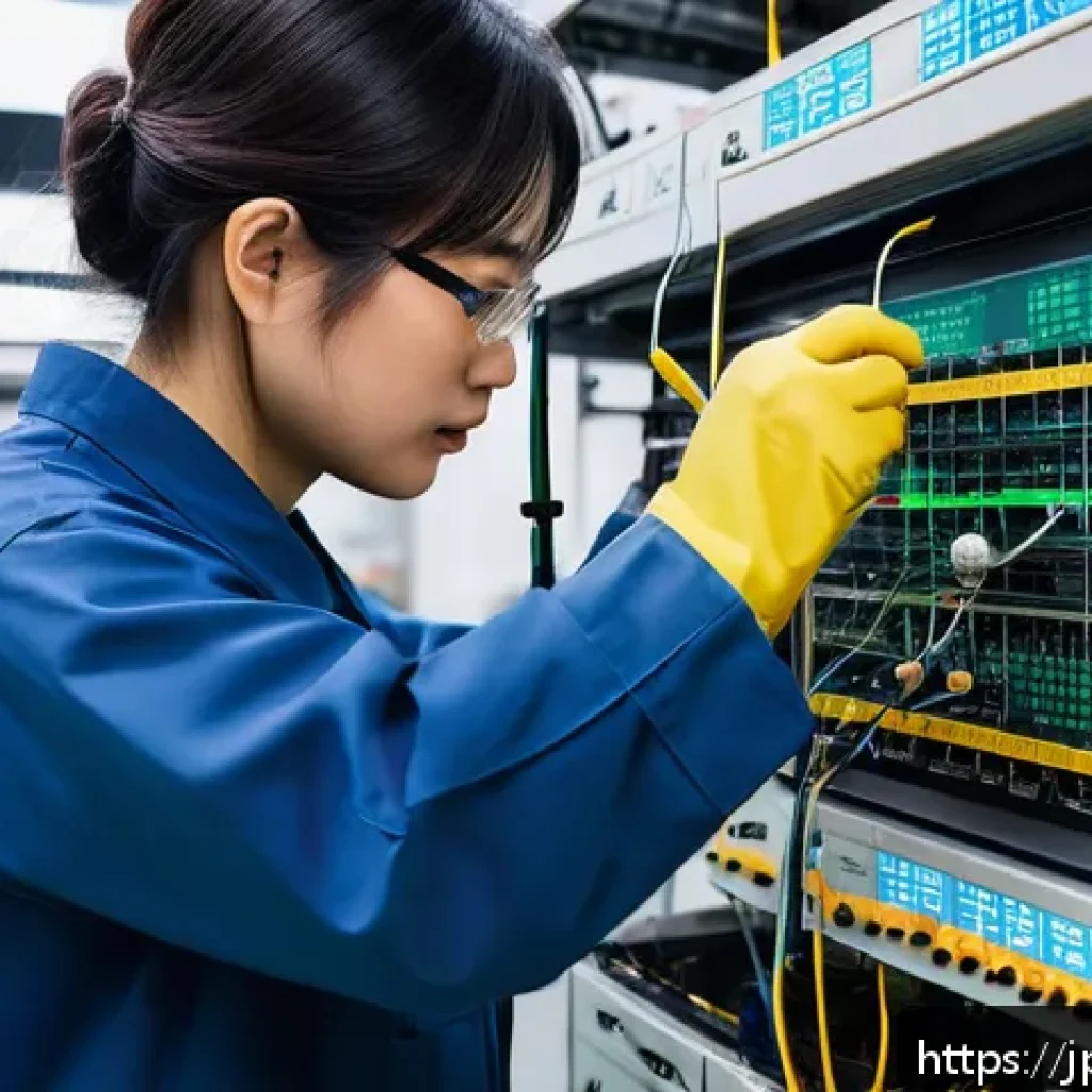 전자기술사 전자장비 유지보수 사례 - A detailed scene inside a modern electronics maintenance workshop in Japan, featuring a technician c...