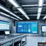 전자기술사와 인공지능 기술 융합 사례 - A high-tech smart factory interior scene showcasing AI-integrated electronic control systems monitor...