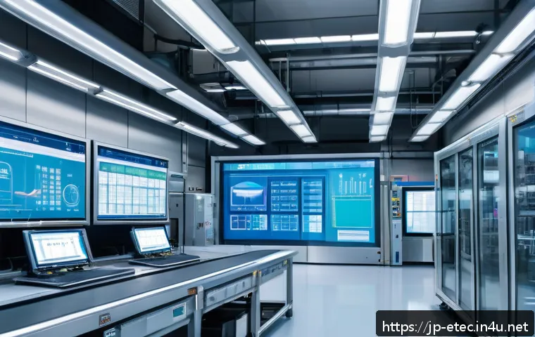 전자기술사와 인공지능 기술 융합 사례 - A high-tech smart factory interior scene showcasing AI-integrated electronic control systems monitor...