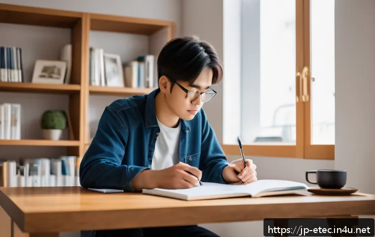 전자기술사와 시험 준비를 위한 시간 관리 팁 - A diligent Japanese office worker studying for a professional engineering exam in a modern, minimali...