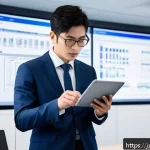 전자기술사와 실무 중심 학습 사례 - A modern Japanese electronics engineer in a sleek office environment, reviewing detailed technical r...