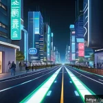 전자기술사와 최신 트렌드 기술 분석 - A futuristic smart city at dusk, illuminated by vibrant neon lights and digital holograms displaying...