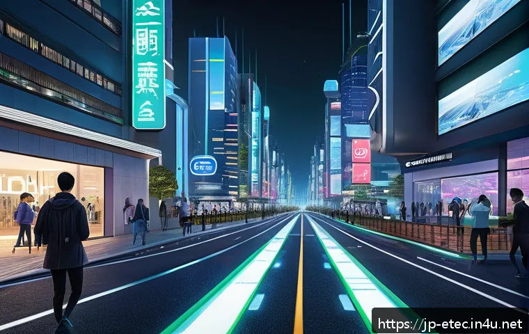 전자기술사와 최신 트렌드 기술 분석 - A futuristic smart city at dusk, illuminated by vibrant neon lights and digital holograms displaying...